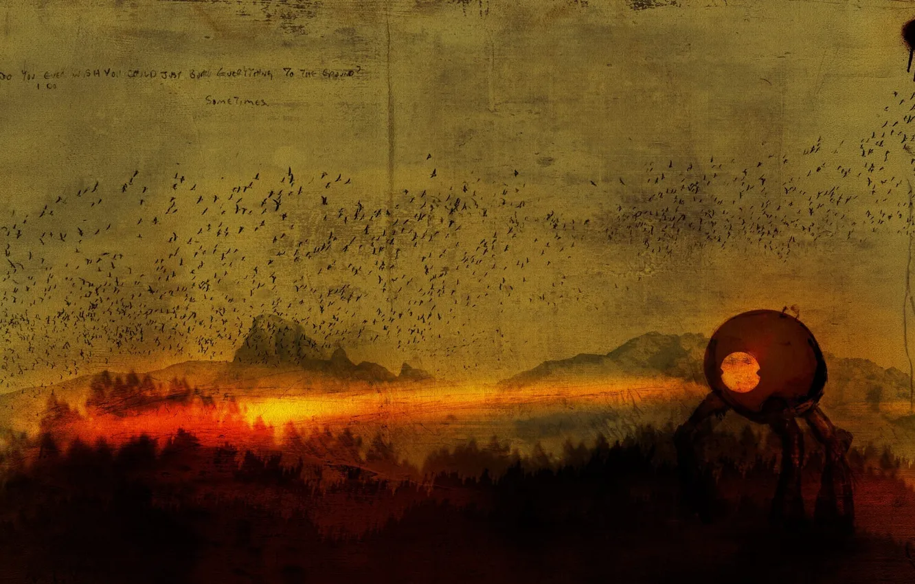 Photo wallpaper forest, landscape, lights, the inscription, bird, figure, blots, sphere