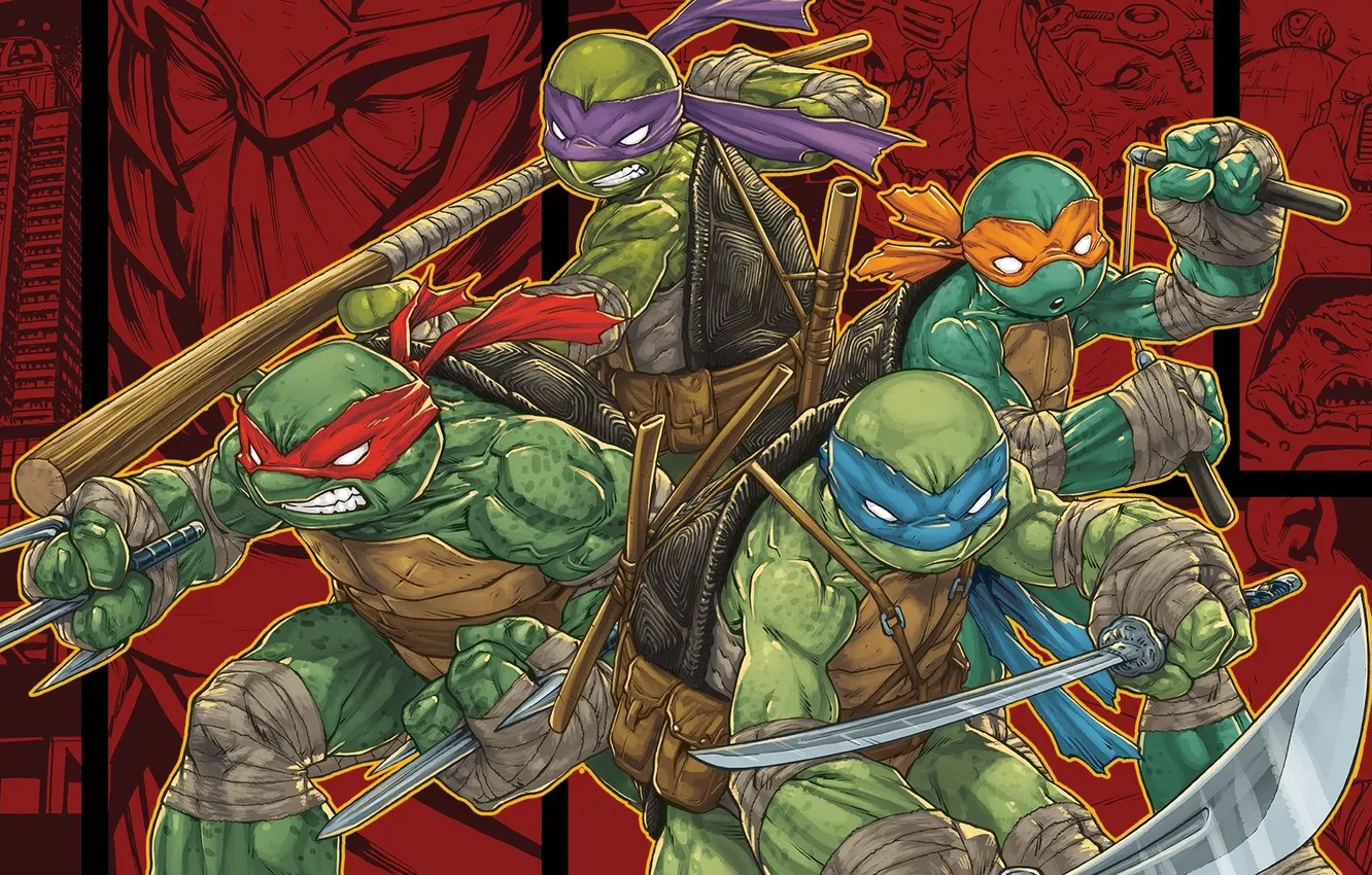 Photo wallpaper weapons, sword, Trident, brothers, Rafael, Raphael, Leonardo, Donatello