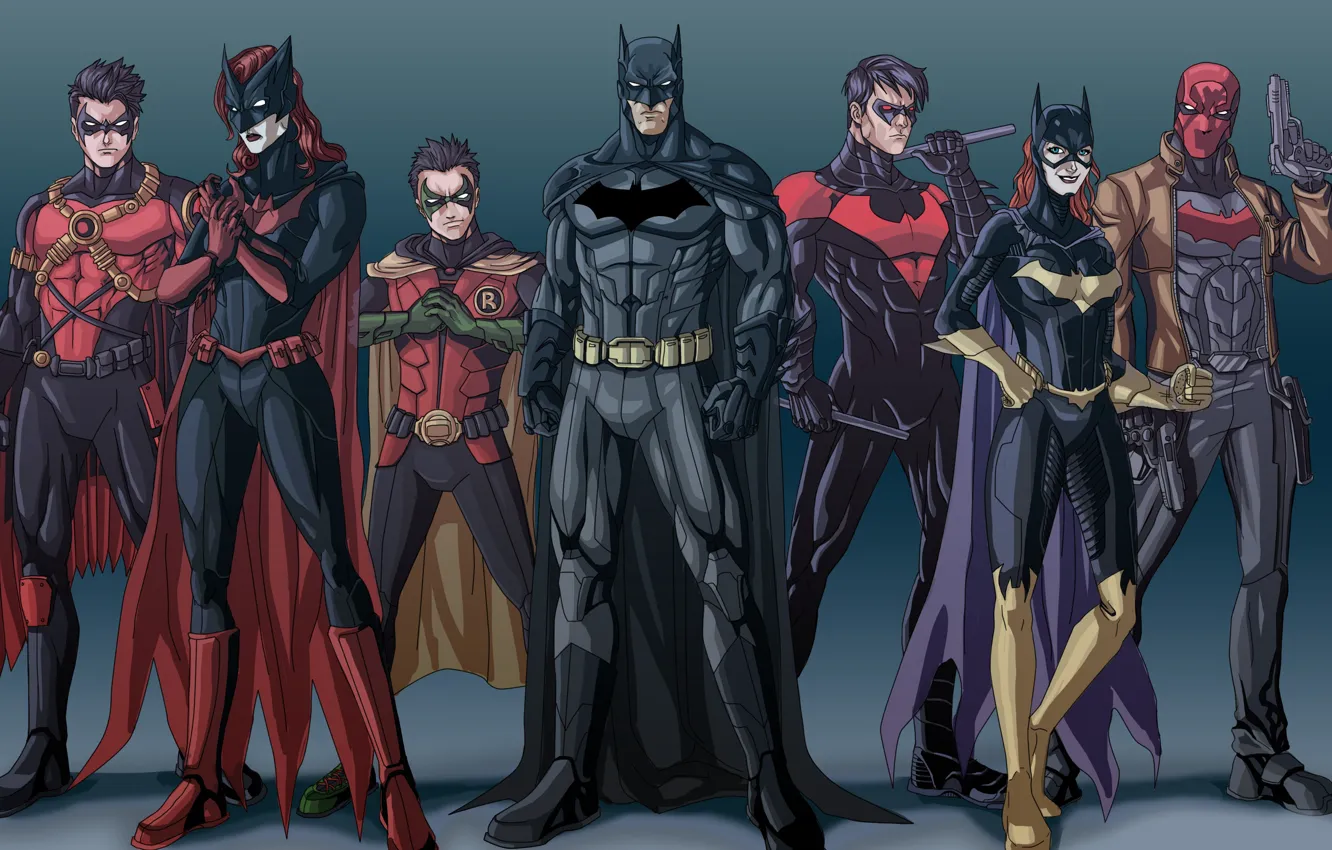 Photo wallpaper Batman, Bruce Wayne, Batgirl, Red Hood, Tim Drake, Nightwing, Jason Todd, Bat-family