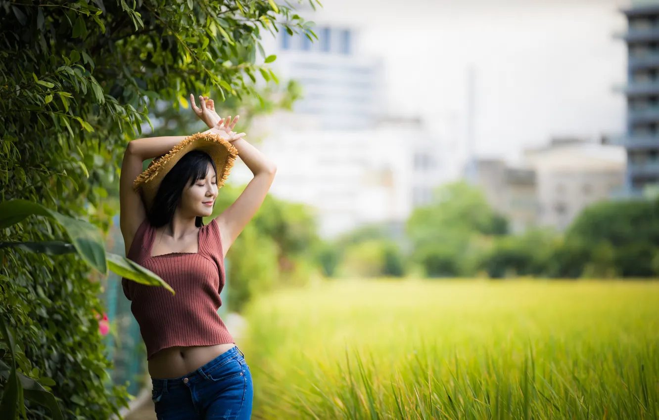 Photo wallpaper field, branches, tummy, jeans, hat, Mike, brunette, Asian