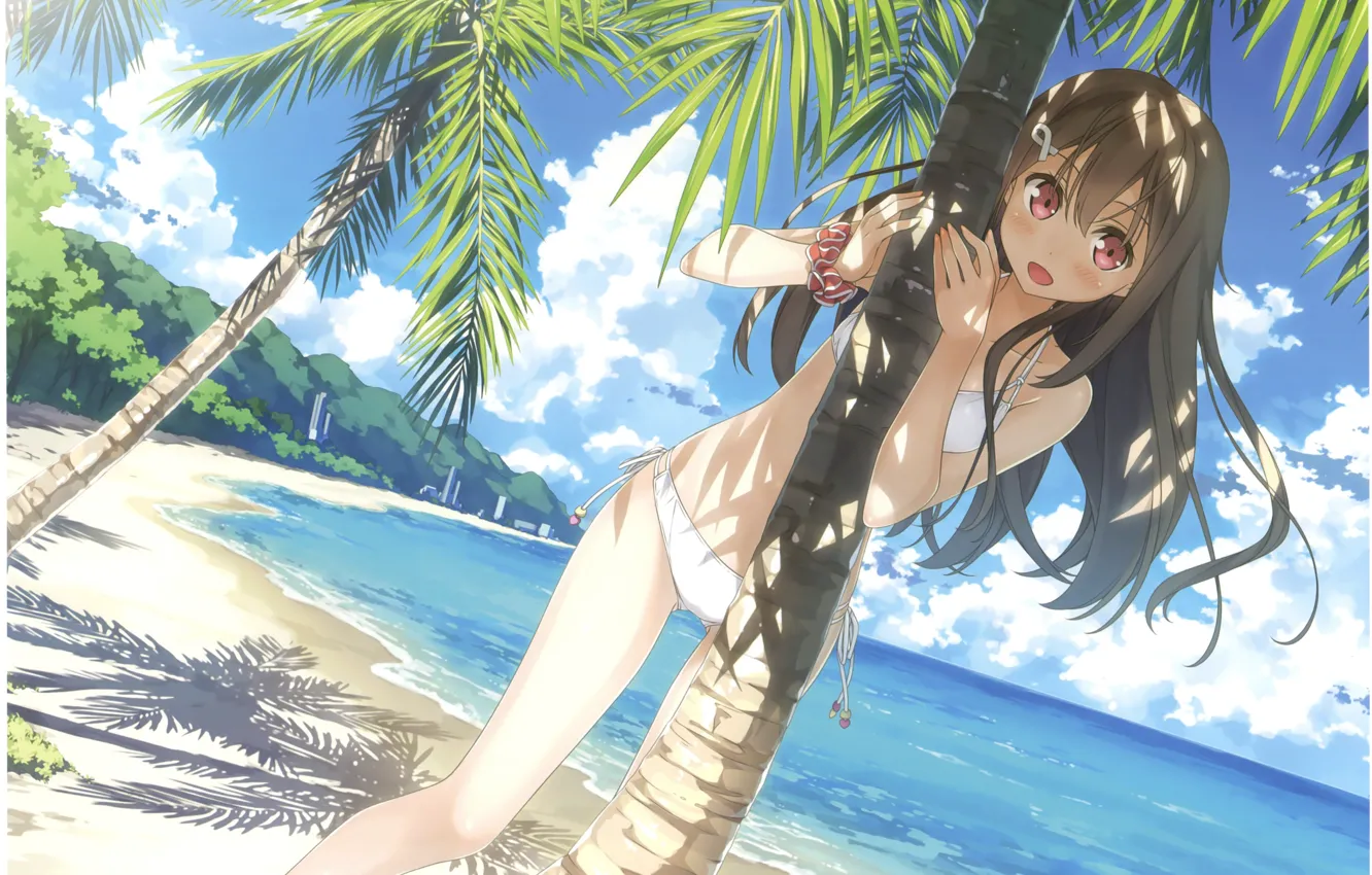 Photo wallpaper palm trees, vacation, on the beach, blue sky, visual novel, in bikini, ocean, by Kantoku