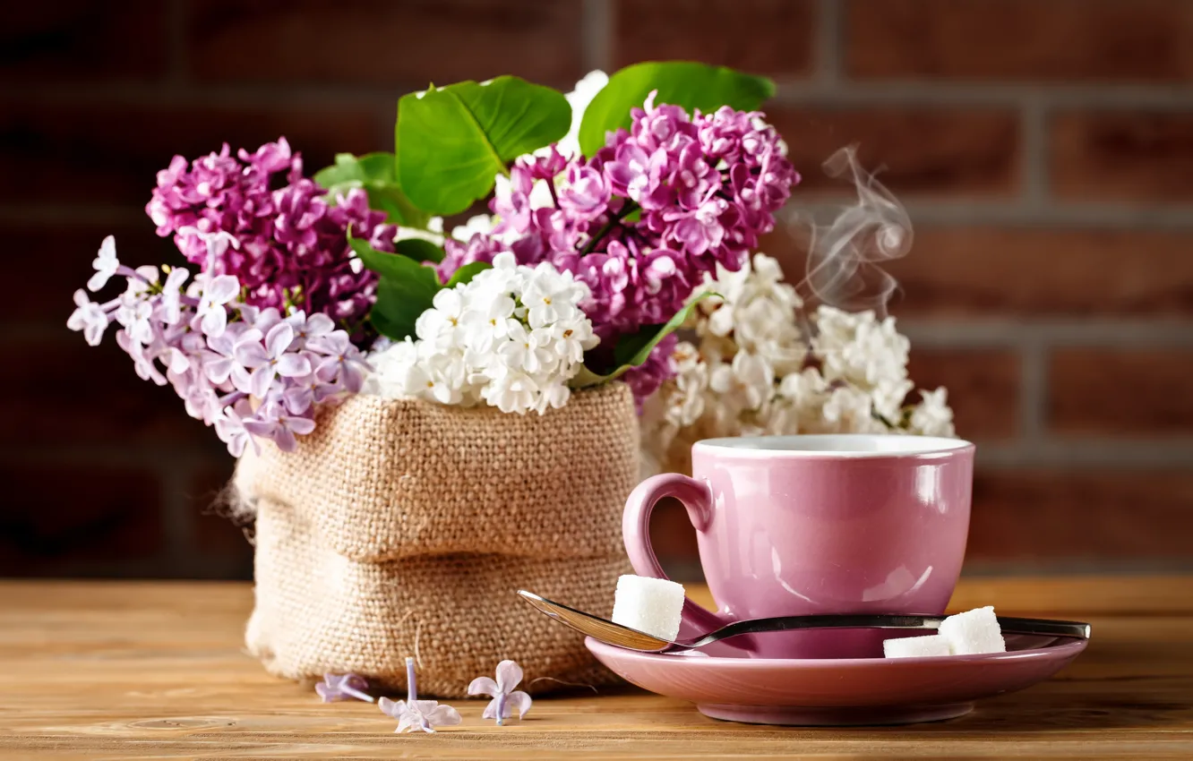 Photo wallpaper coffee, bouquet, Cup, lilac