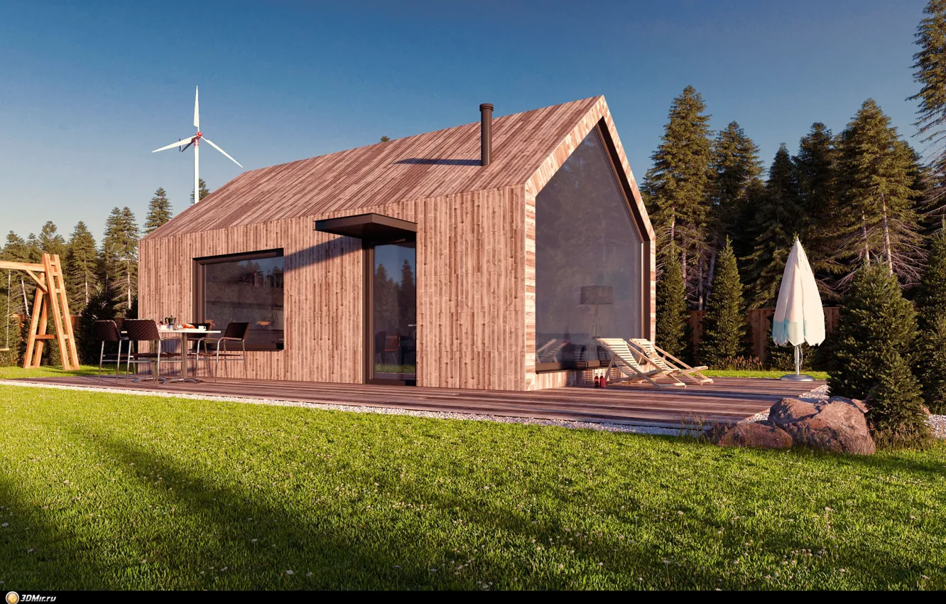 Photo wallpaper grass, design, structure, veneer, Country house in the woods