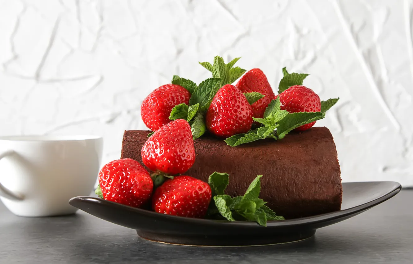 Photo wallpaper chocolate, strawberry, cake, cream, dessert, biscuit