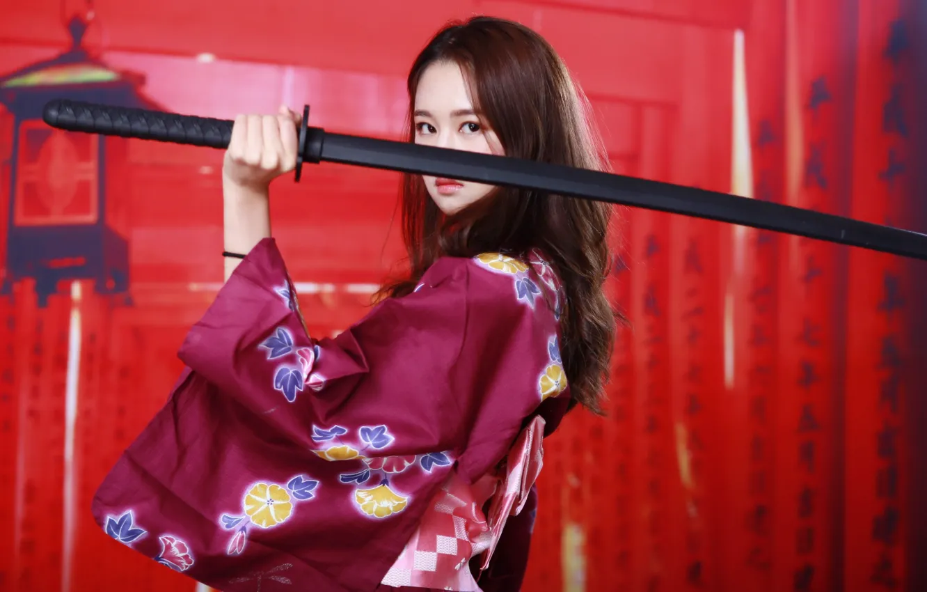 Photo wallpaper look, girl, face, sword, kimono