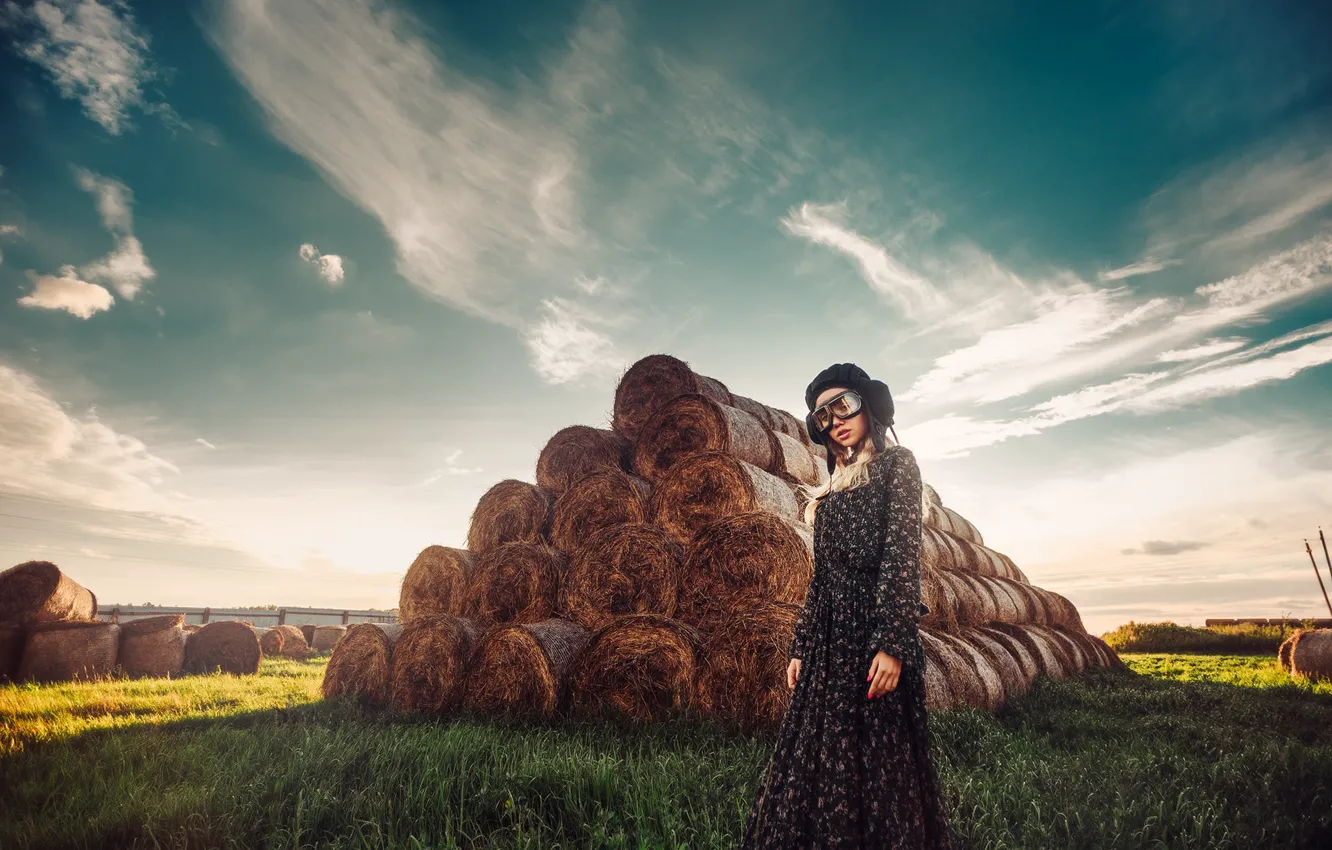 Photo wallpaper field, the sky, grass, look, girl, clouds, light, nature