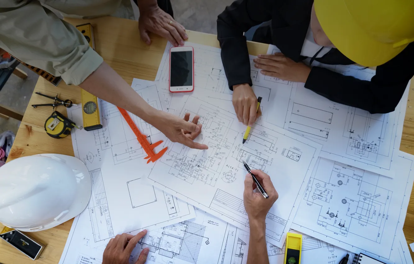 Photo wallpaper helmets, pencil, engineering, blueprints