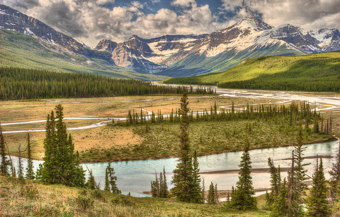 Photo wallpaper forest, the sky, clouds, trees, mountains, river, valley, Canada