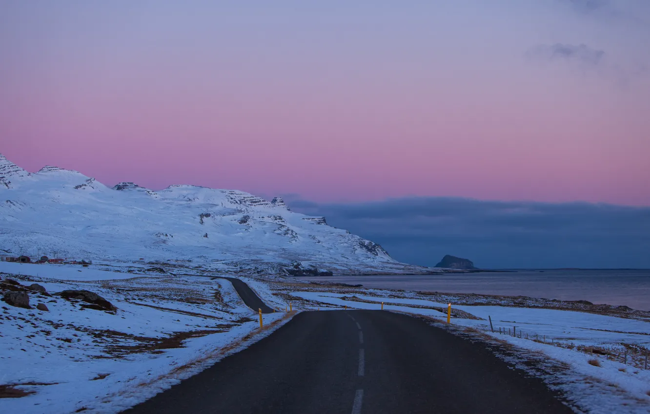 Photo wallpaper road, the sky, clouds, snow, the evening, Iceland, lilac