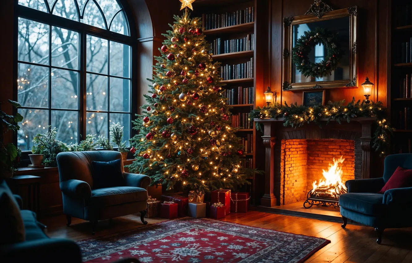 Photo wallpaper room, tree, new year, interior, Christmas, Christmas, view, tree