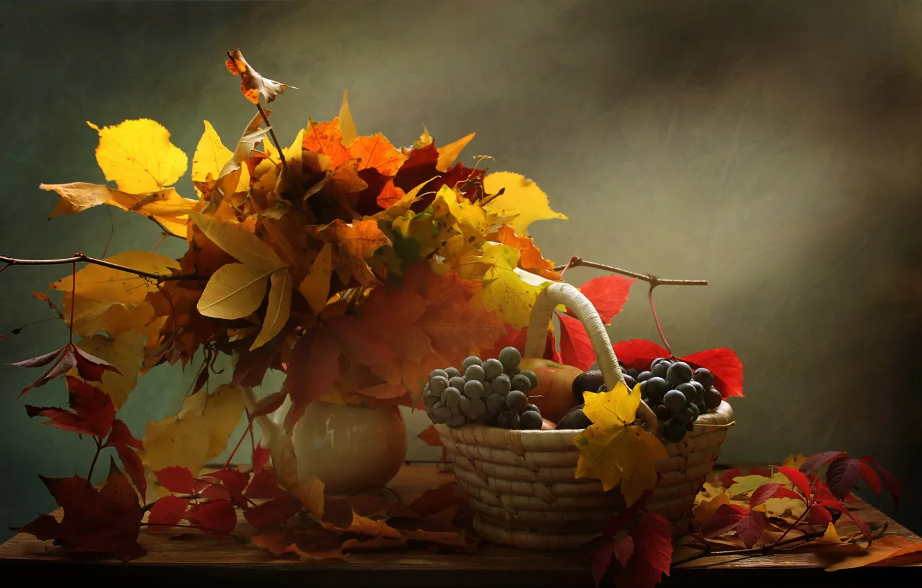 Photo wallpaper leaves, branches, berries, basket, grapes, vase, still life, table