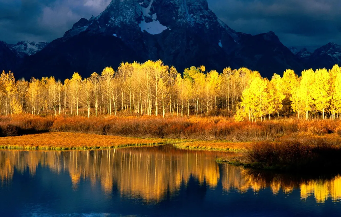 Photo wallpaper the sky, water, clouds, snow, trees, mountains, reflection, river