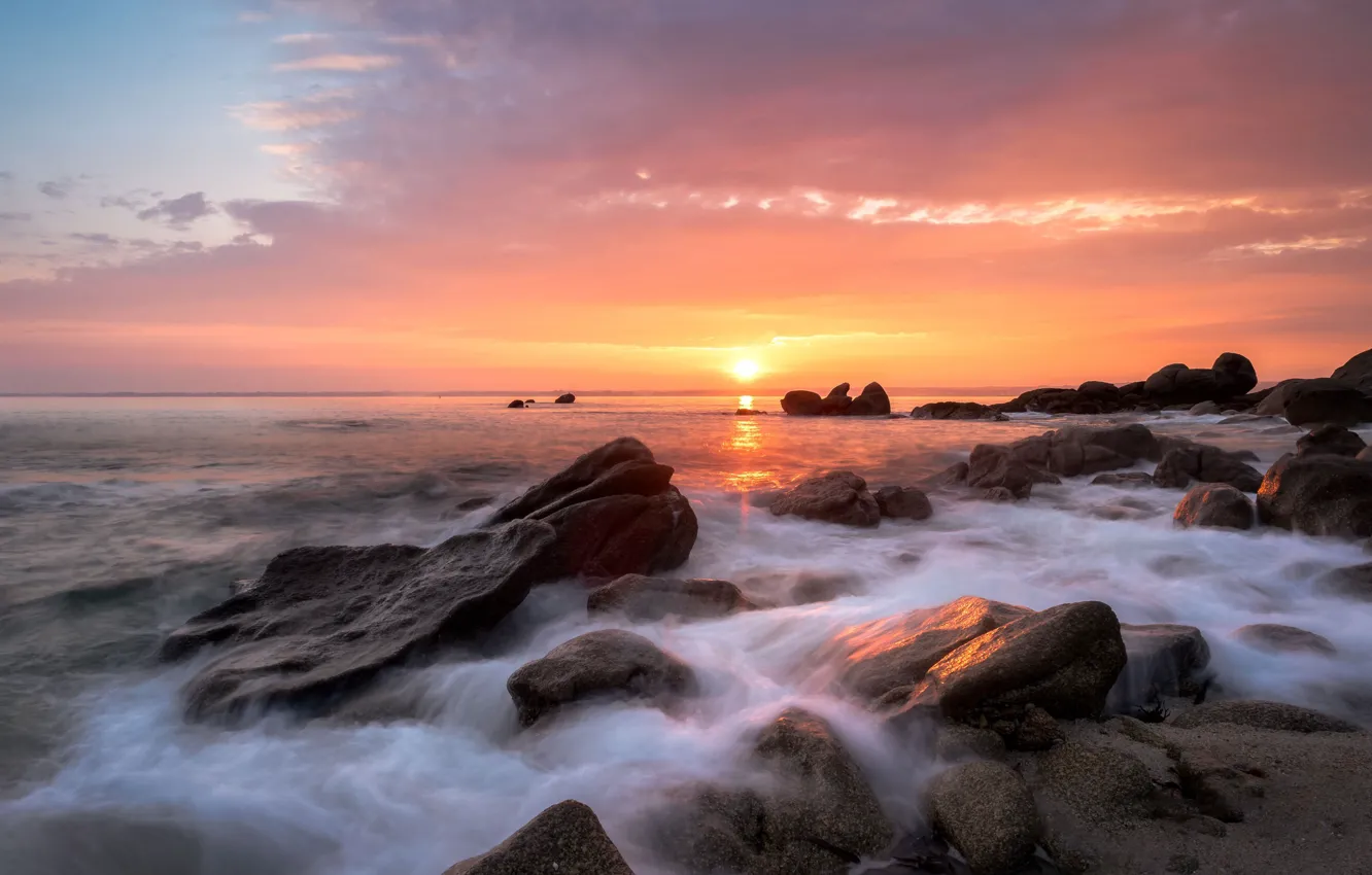 Photo wallpaper sea, wave, the sky, the sun, clouds, light, sunset, stones