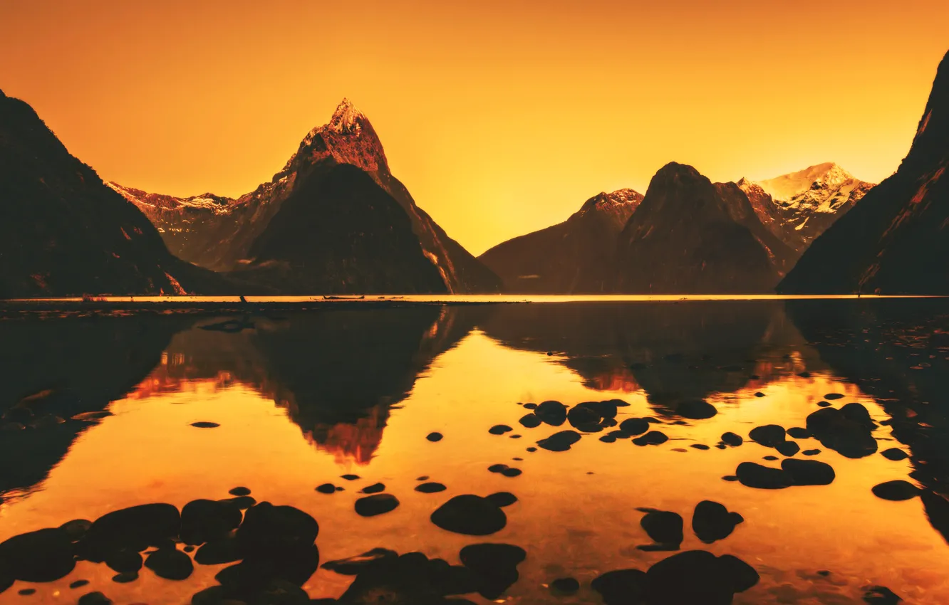 Photo wallpaper river, New Zealand, water, mountains, mountain, hills, hill, sunrise