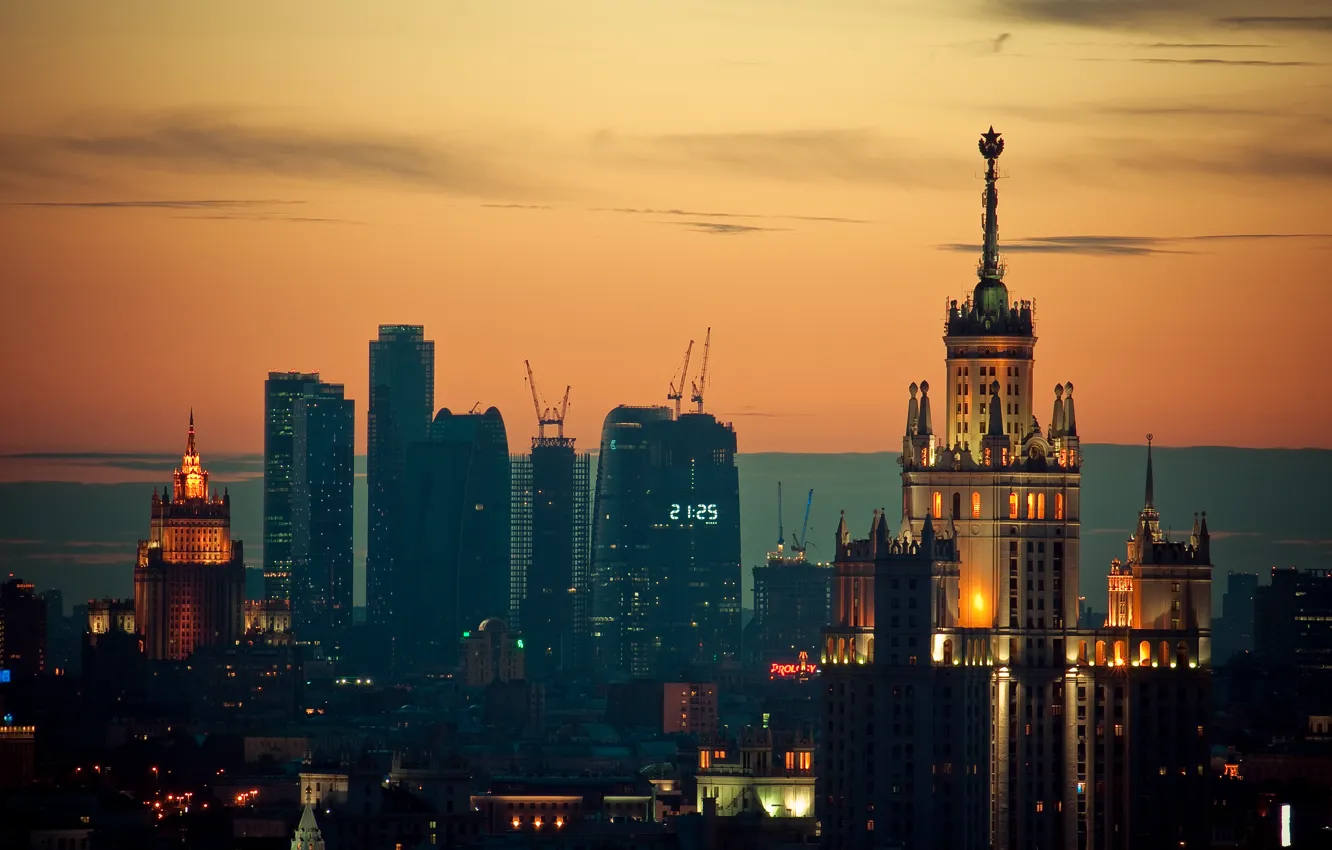 Photo wallpaper sunset, lights, Moscow