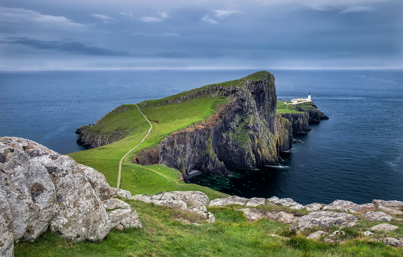 Photo wallpaper road, sea, the sky, clouds, sunset, mountains, stones, lighthouse