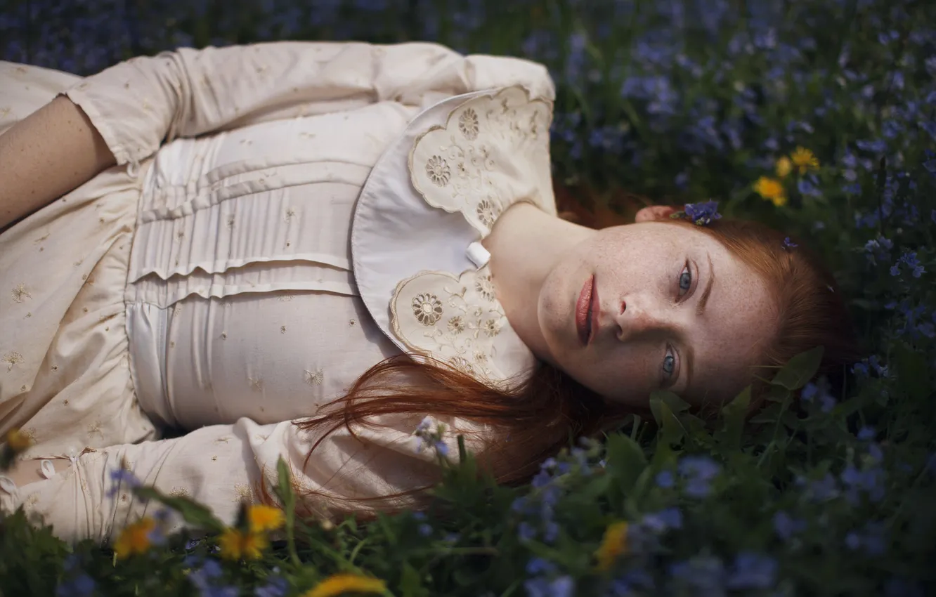 Photo wallpaper summer, look, girl, flowers, nature, pose, glade, meadow