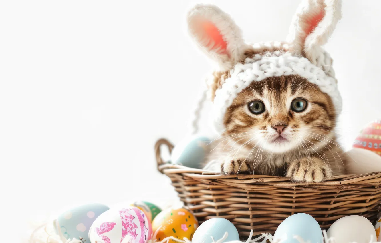 Photo wallpaper cat, look, holiday, eggs, legs, spring, Easter, white background