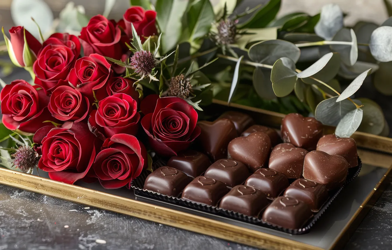 Photo wallpaper love, flowers, holiday, roses, bouquet, chocolates, AI art, universal holiday background
