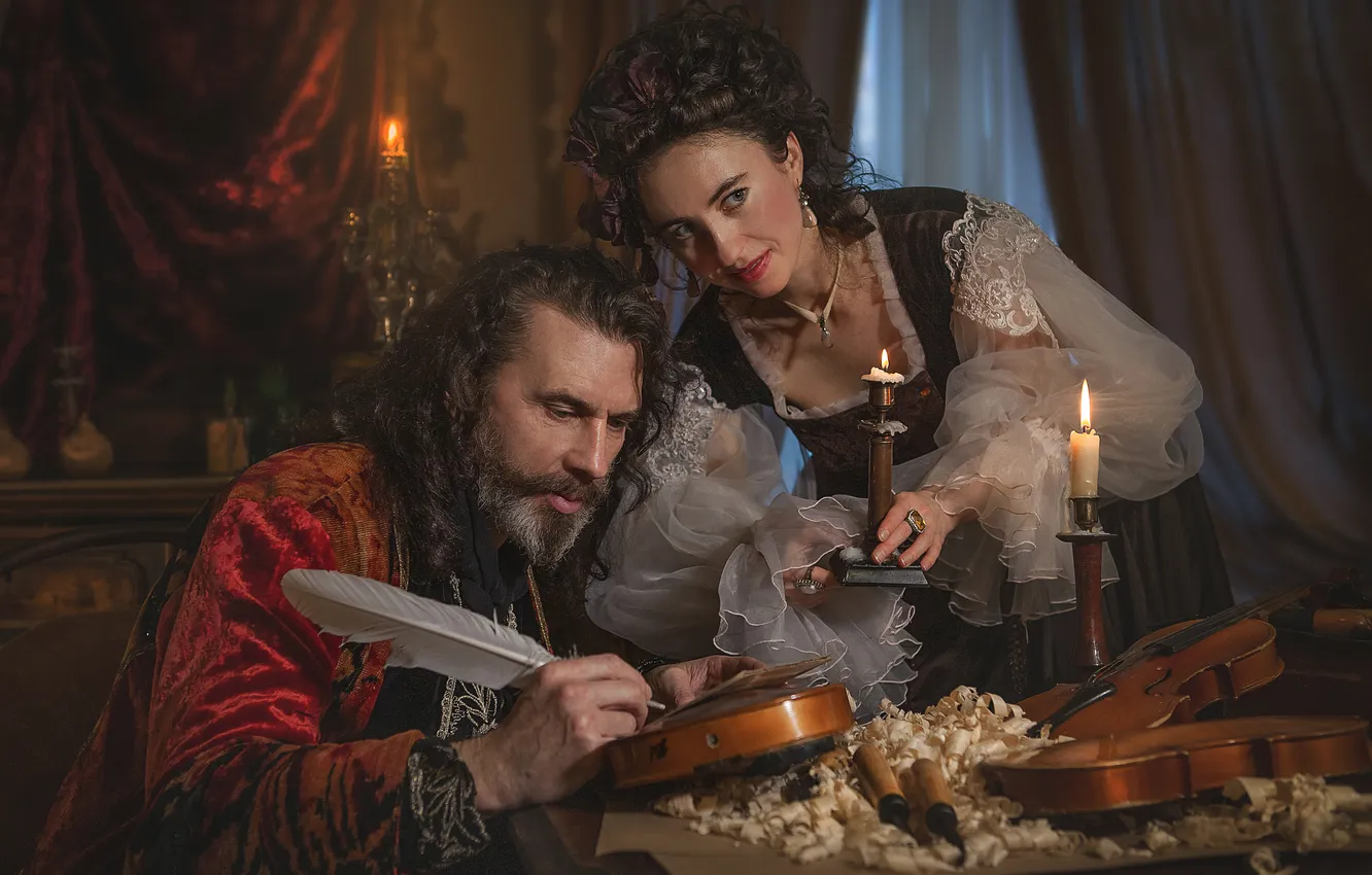 Photo wallpaper violin, feathers, the atmosphere, candle, Tatyana Shepeleva, The secret of Stradivarius