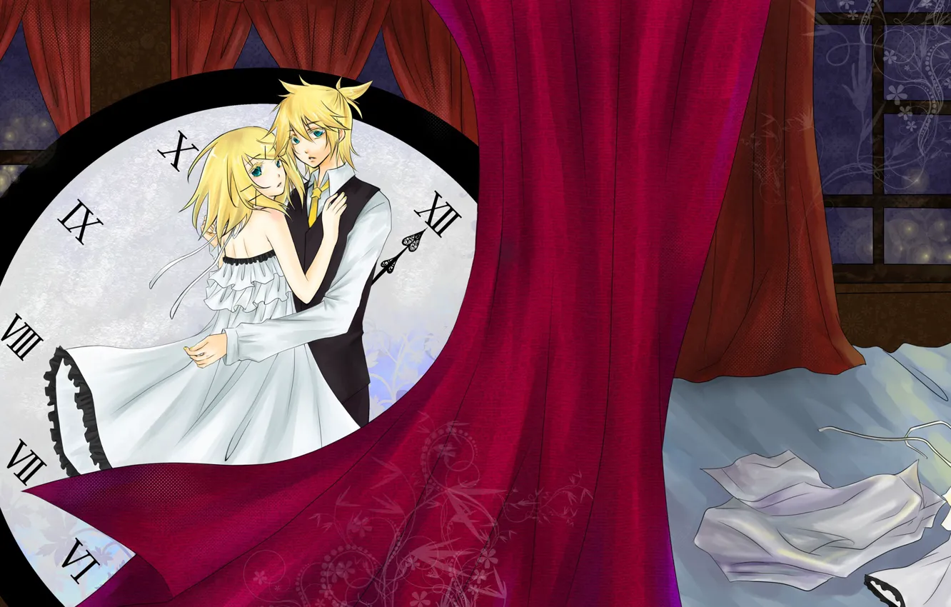 Photo wallpaper girl, pattern, anime, art, hugs, curtains, len, guy