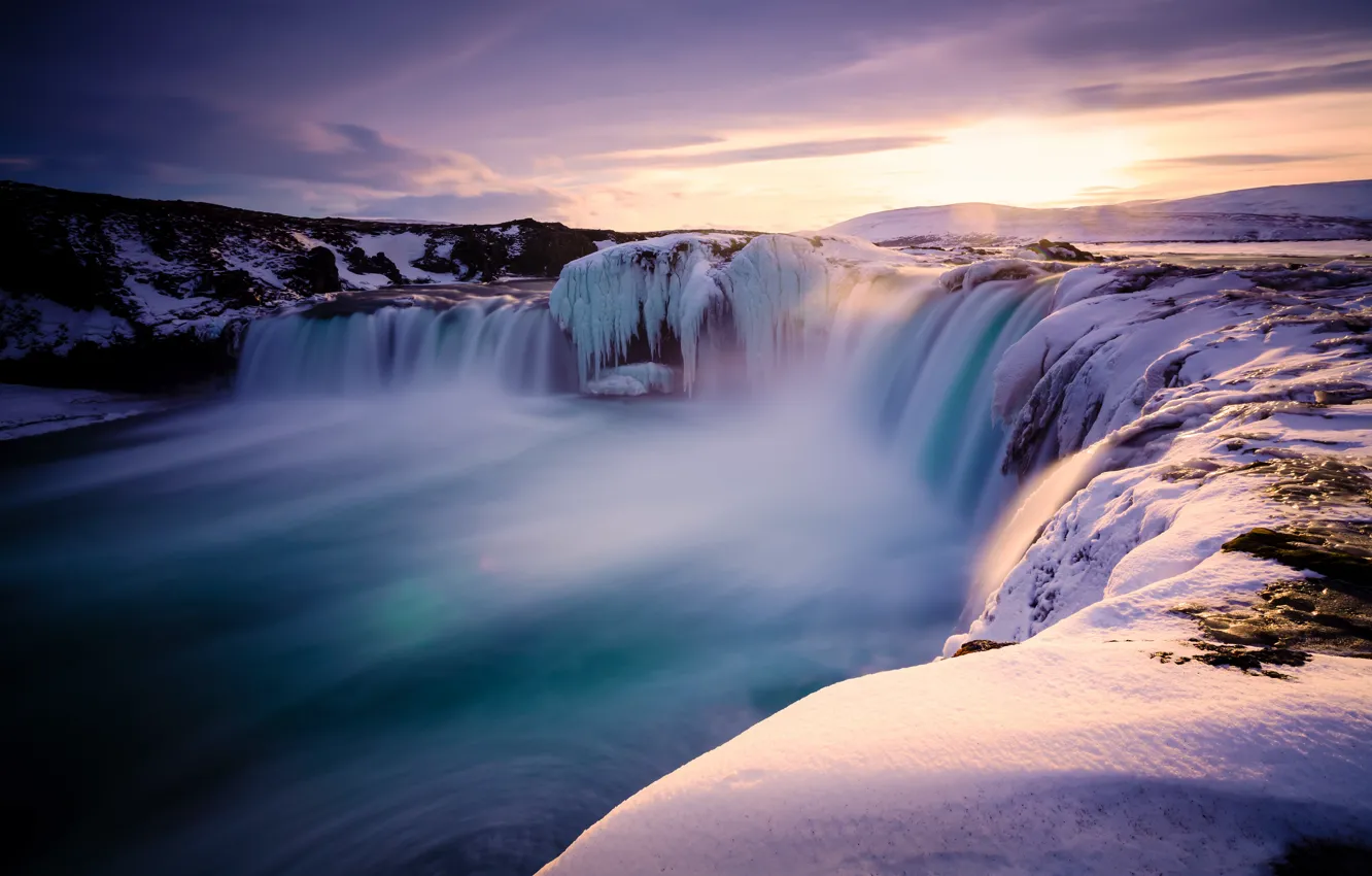 Photo wallpaper ice, winter, the sky, the sun, clouds, light, snow, sunset