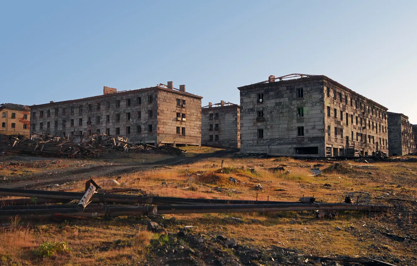 Photo wallpaper the sky, building, home, Russia, architecture, Ghost town