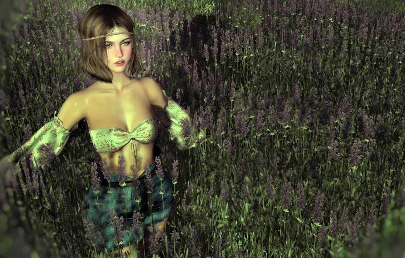 Photo wallpaper field, girl, nature, graphics, lavender, digital art