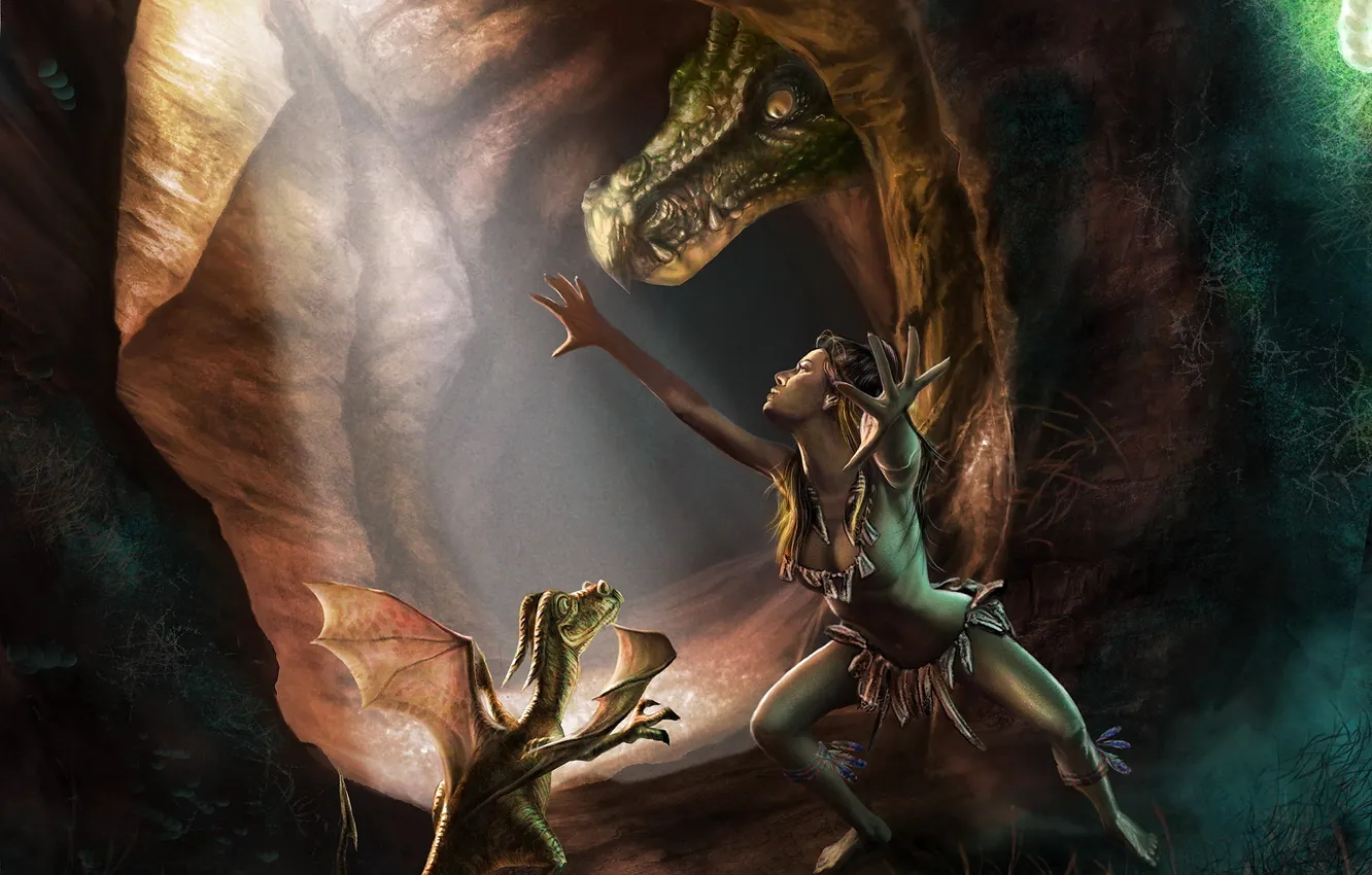 Photo wallpaper girl, dragon, feathers, art, cave, cub, MasterBo, savage