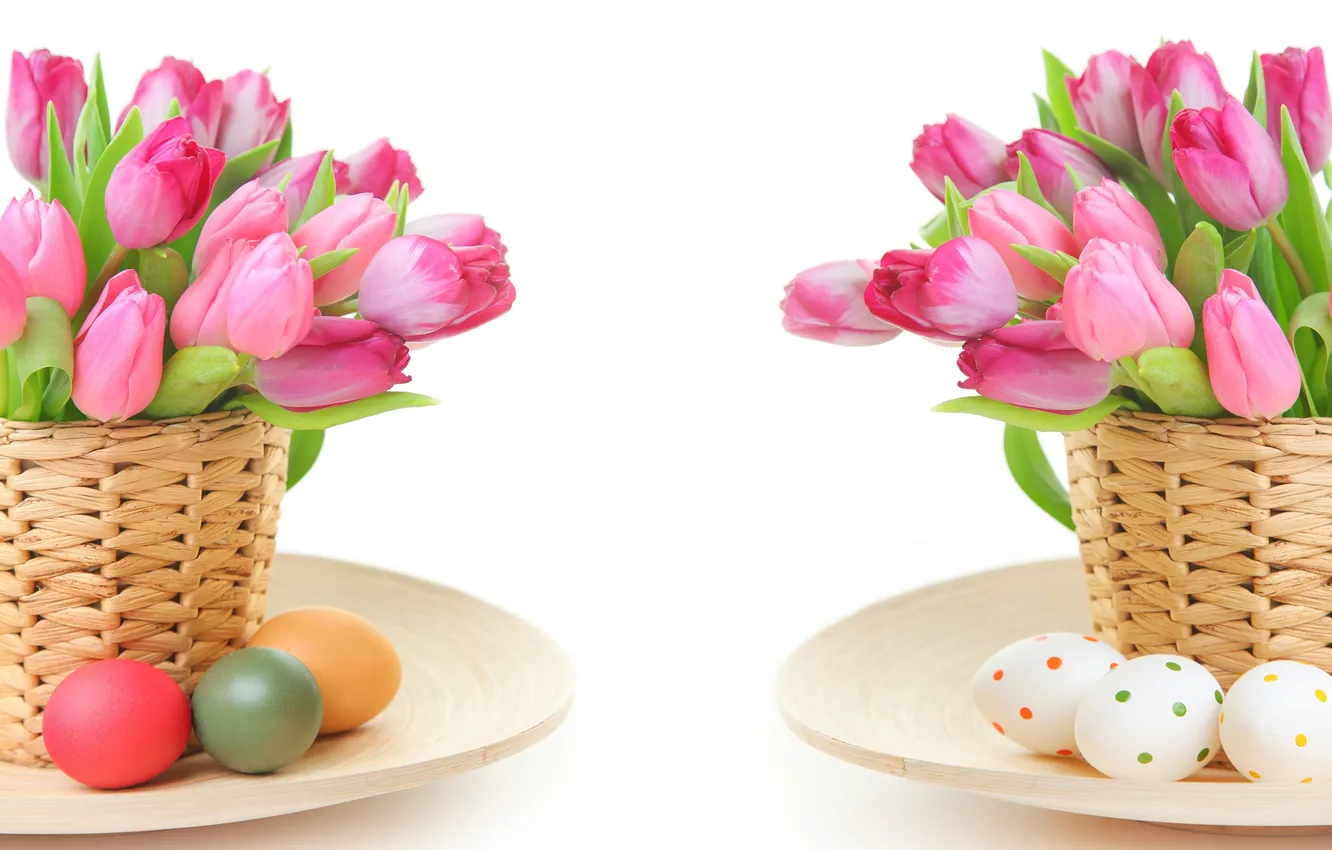 Photo wallpaper flowers, eggs, Easter, tulips