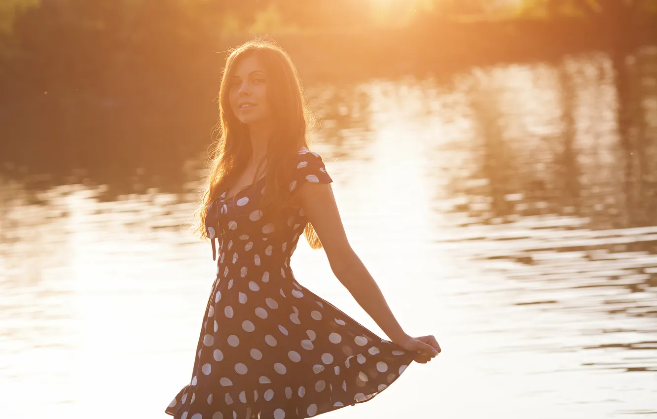 Photo wallpaper look, girl, smile, river, morning, dress, brown hair