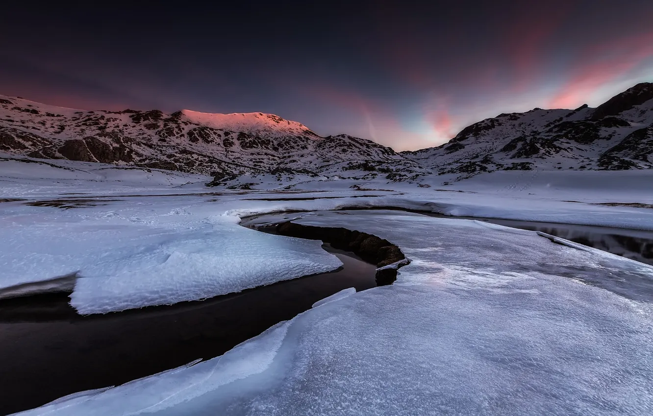 Photo wallpaper winter, snow, mountains, nature, river, dawn