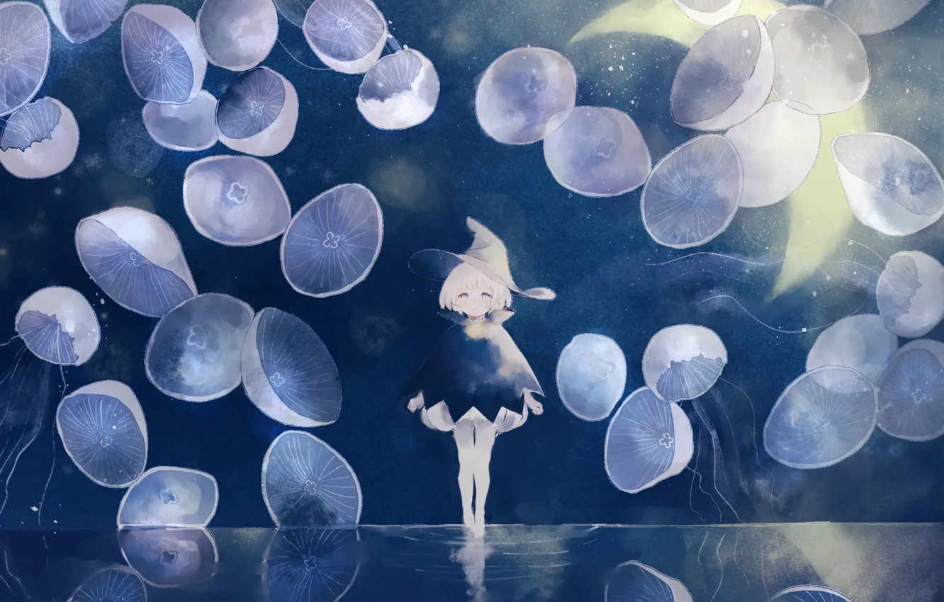 Photo wallpaper water, night, fantasy, jellyfish, girl, witch