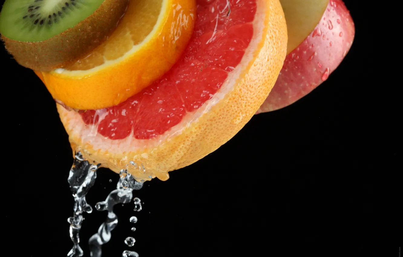 Photo wallpaper water, drops, macro, Apple, orange, kiwi, fruit