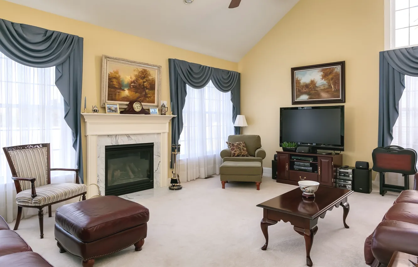 Photo wallpaper design, style, chair, fireplace, curtains, living room
