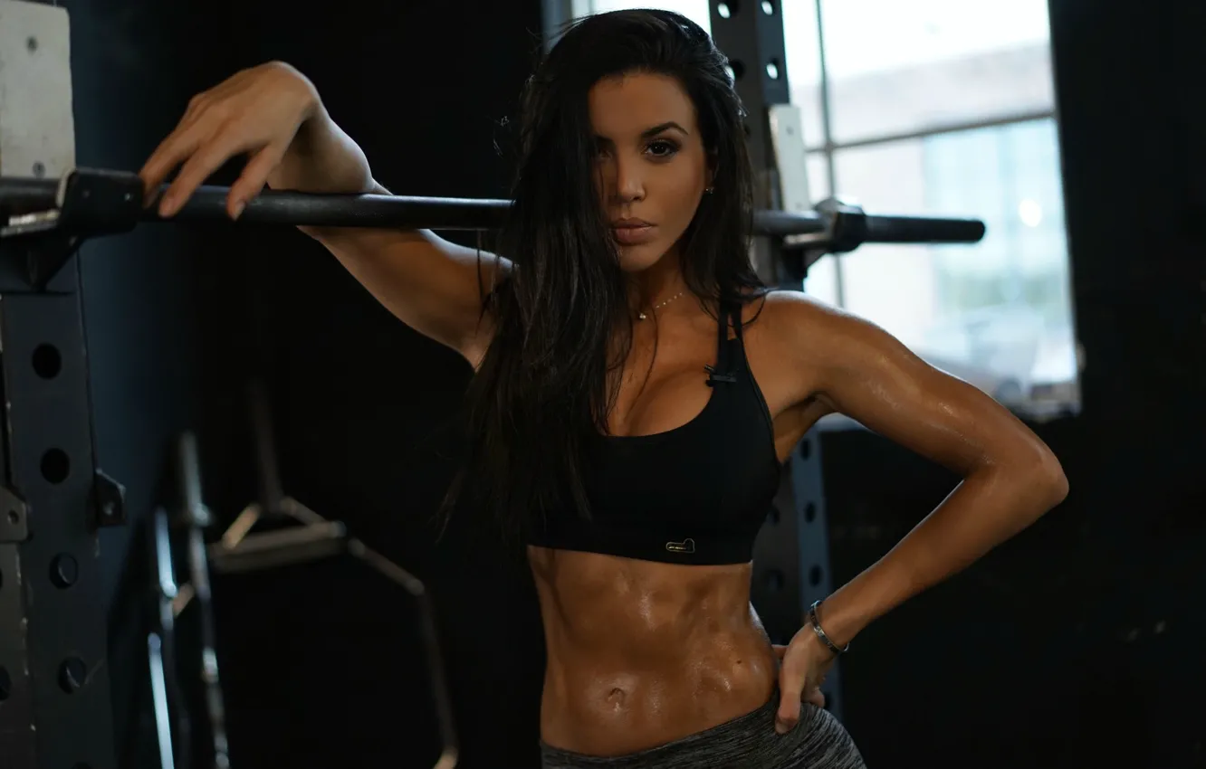 Photo wallpaper brunette, look, gym, perspiration