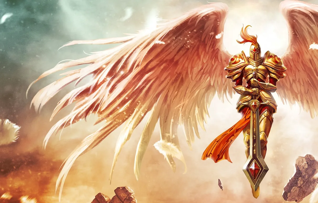 Photo wallpaper stones, wings, sword, feathers, armor, League of Legends, Kayle
