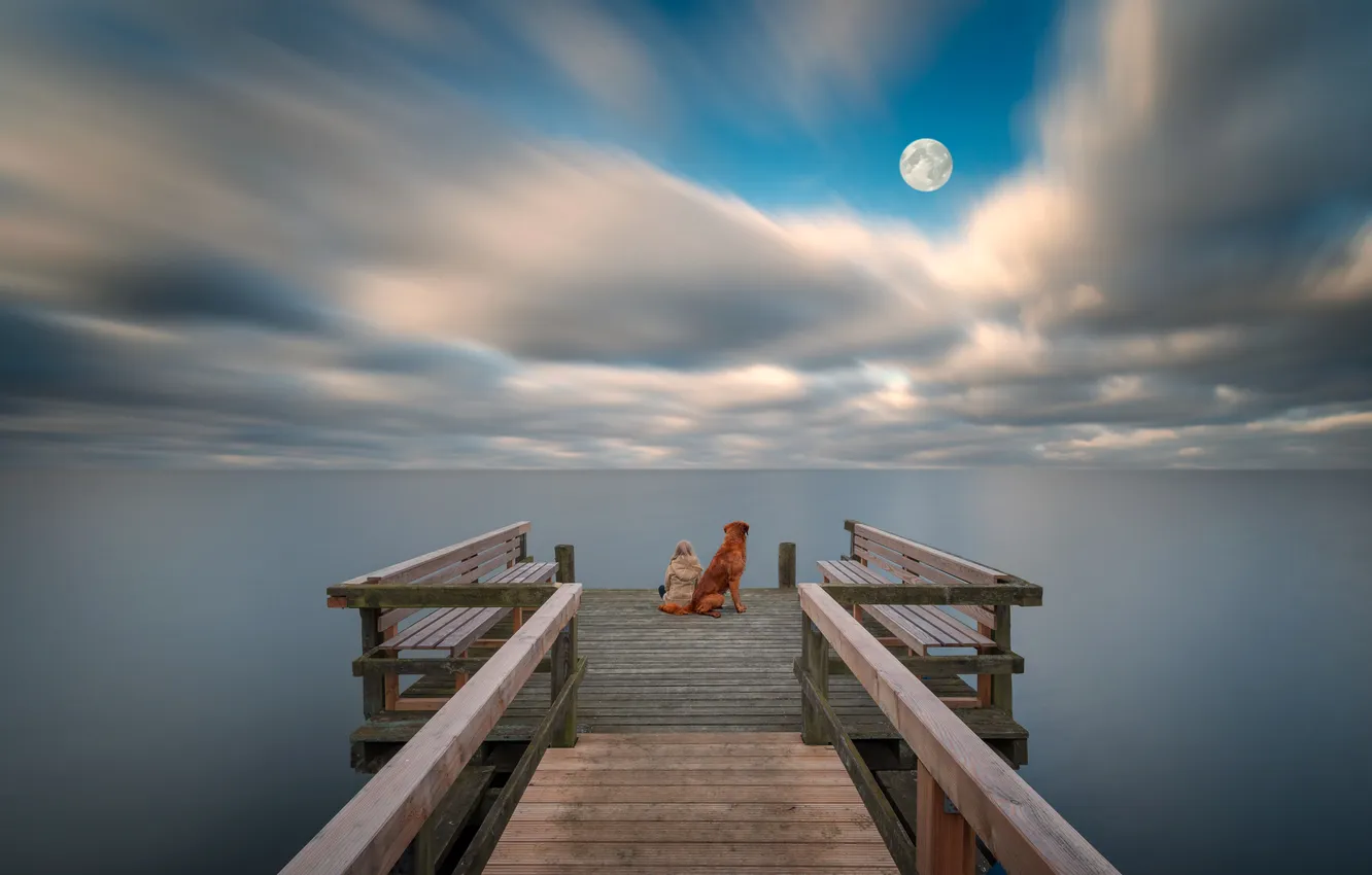 Photo wallpaper sea, the sky, clouds, the moon, pier, waiting