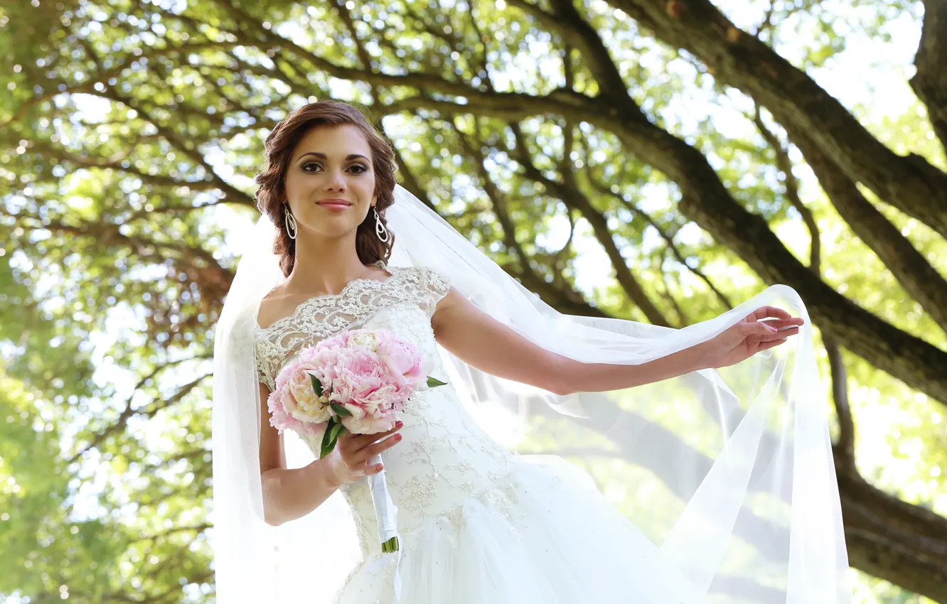 Photo wallpaper white, look, girl, trees, flowers, branches, nature, pose