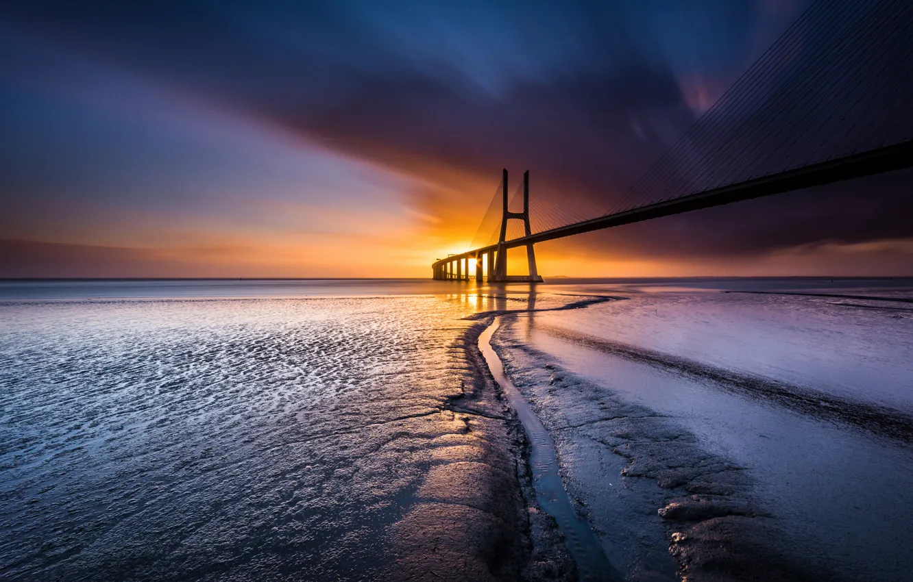 Photo wallpaper the sky, the sun, bridge, coast, Portugal, Lisbon
