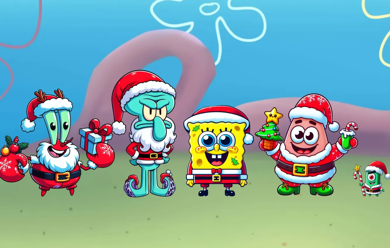 Photo wallpaper positive, Christmas, Christmas, Patrick, Squidward, Holiday, By Patrick, Christmas with SpongeBob