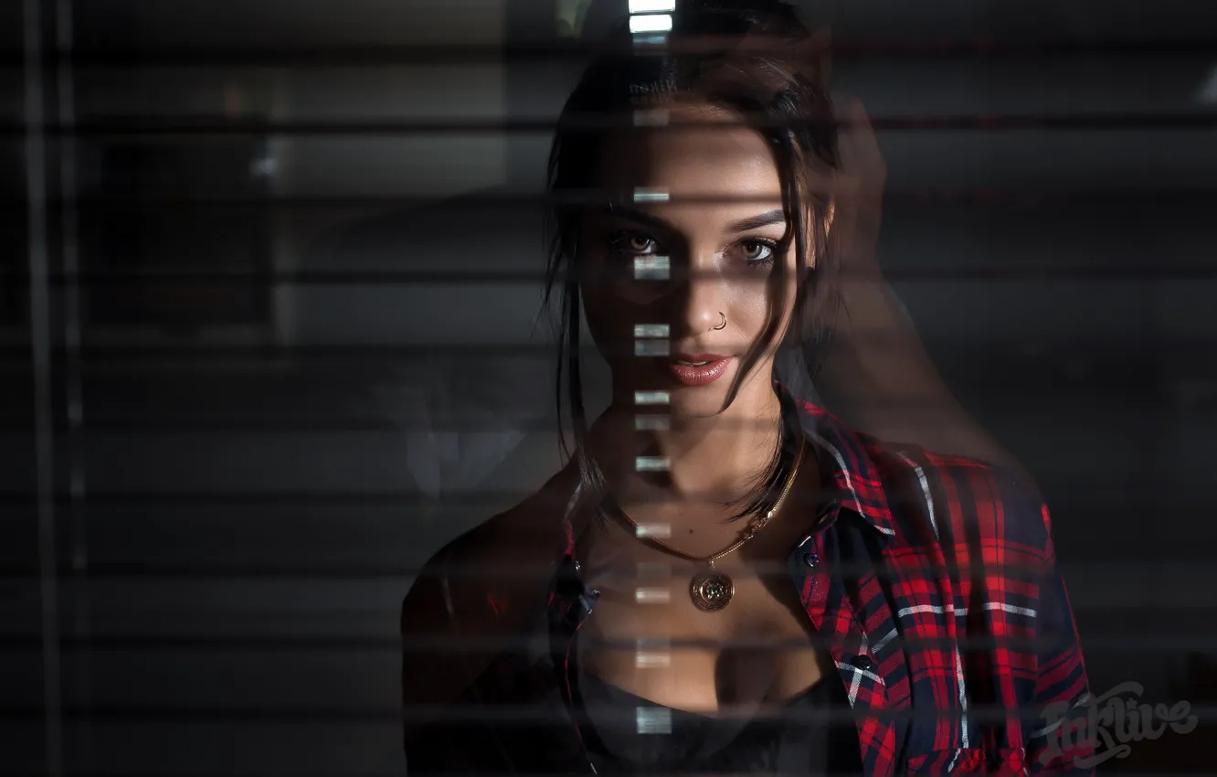 Photo wallpaper look, glass, model, portrait, makeup, brunette, hairstyle, shirt