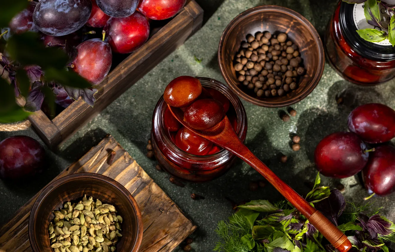 Photo wallpaper spoon, plum, spices
