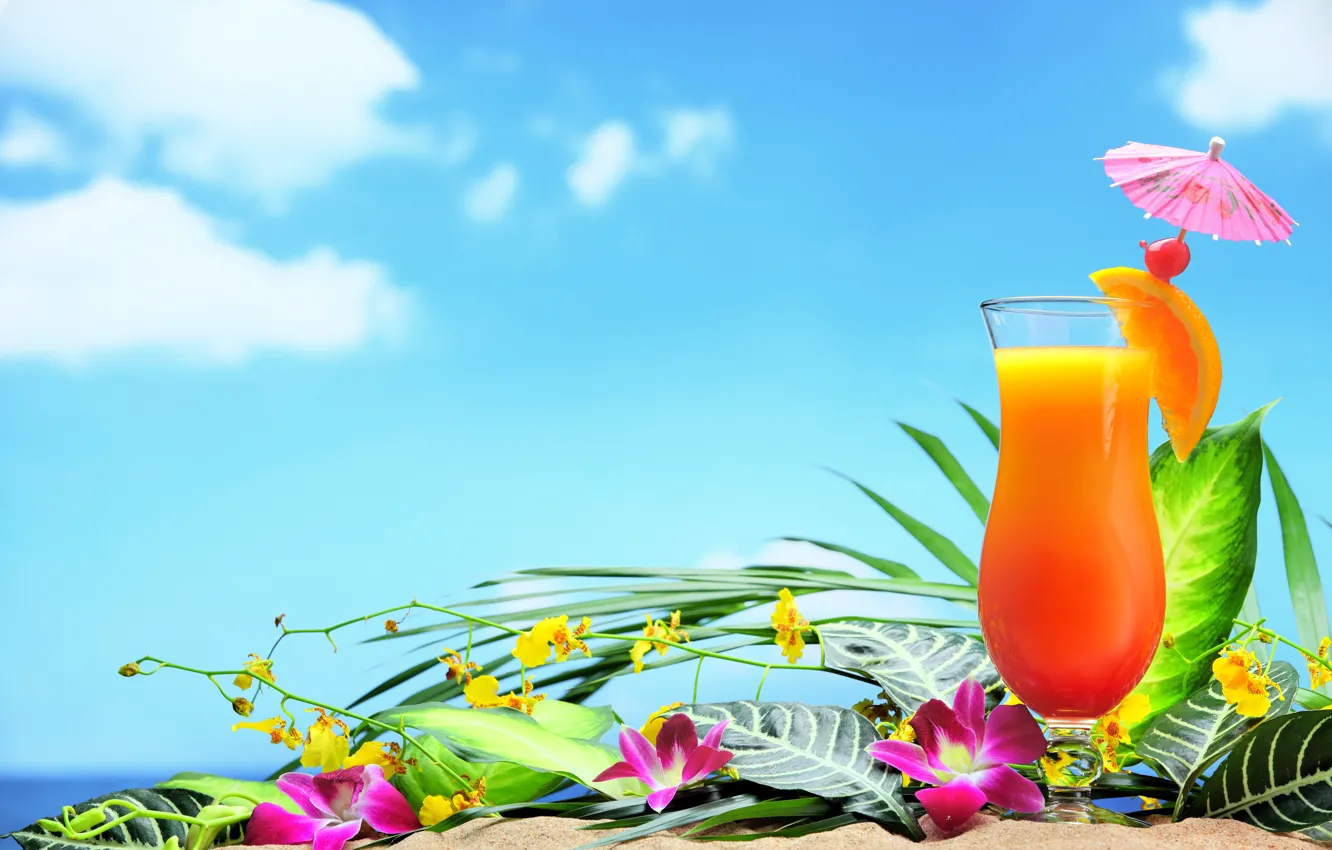 Photo wallpaper sea, beach, cocktail, summer, fruit, beach, fresh, sea