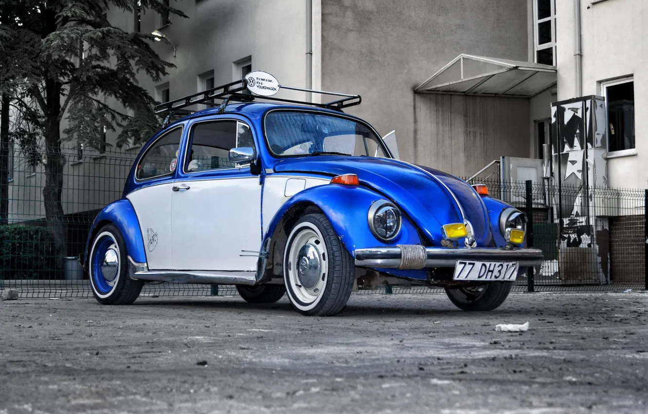 Photo wallpaper Volkswagen, Blue, White, Beetle, Volkswagen Beetle