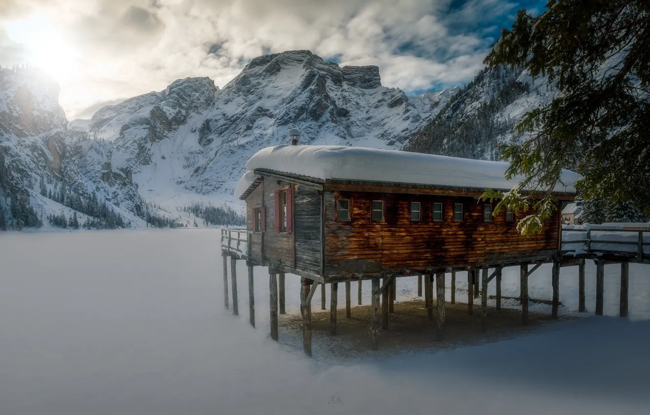 Photo wallpaper winter, mountains, lake, house