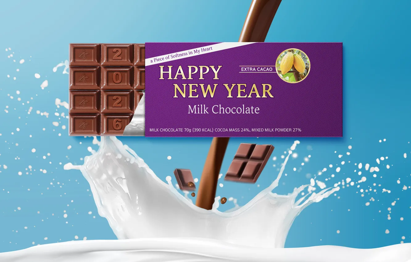 Photo wallpaper splash, happy new year, chocolate, New Year, milk, 2026 Year