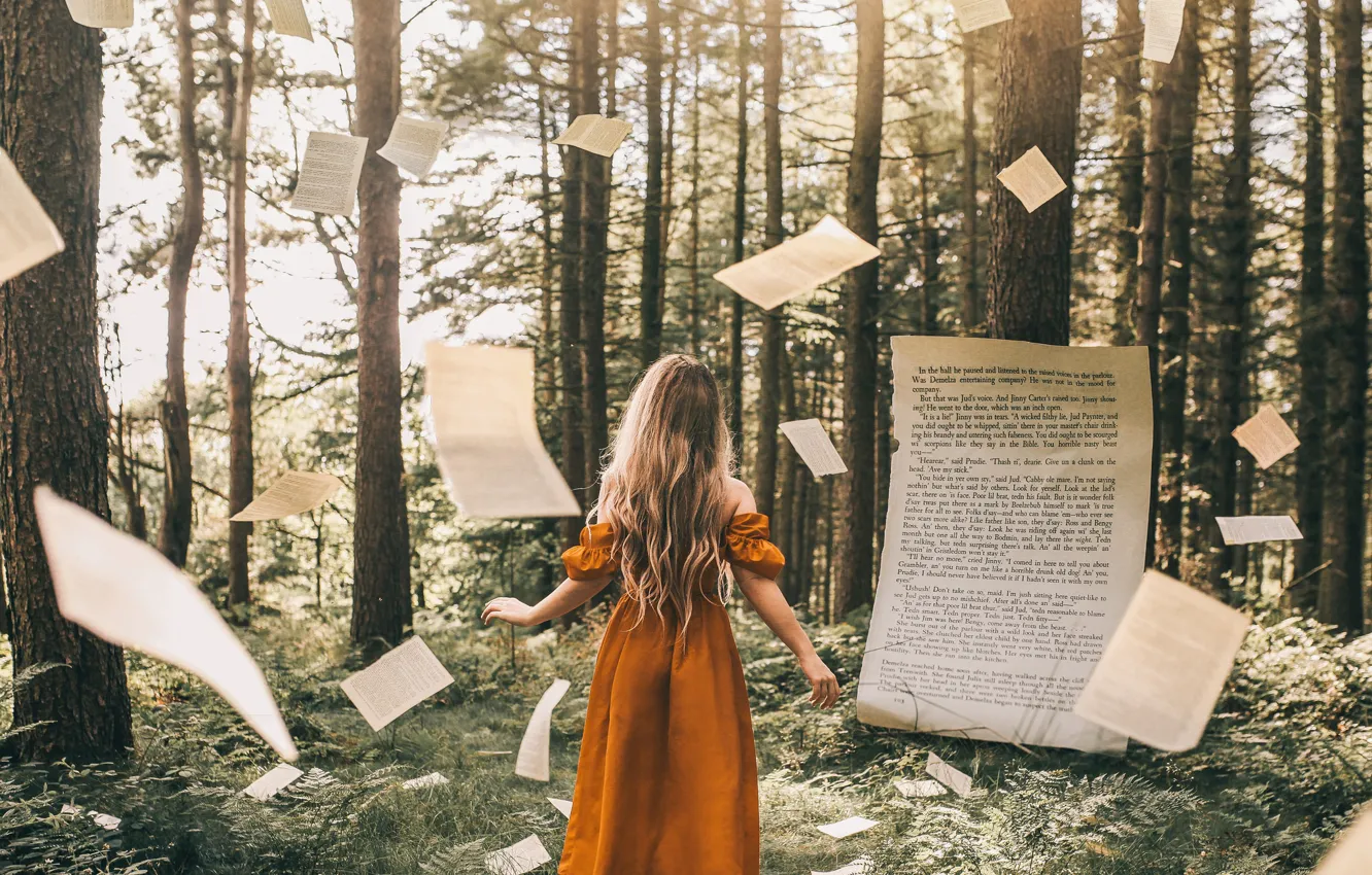 Photo wallpaper forest, girl, book, page, Bird Man