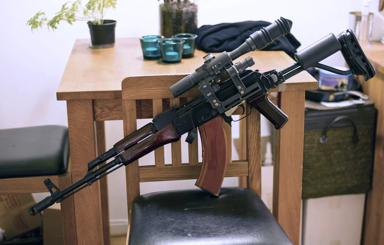 Photo wallpaper weapons, room, machine, Kalashnikov, AKM