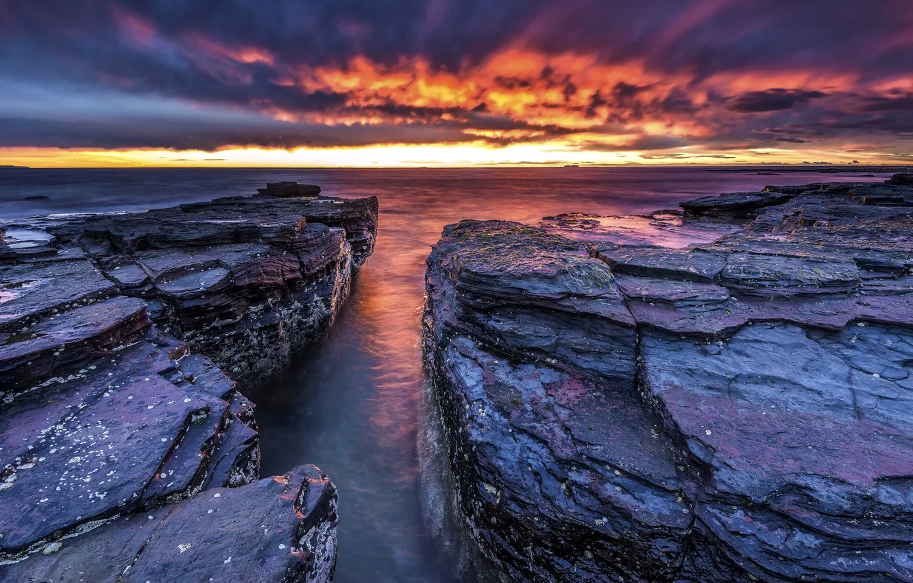 Photo wallpaper sea, the sky, sunset, stones, coast, horizon